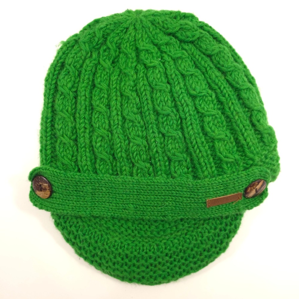 McRon Womens Visor Beanie Hat One Size Green Wool Cable Knit Fleece Lined Nepal